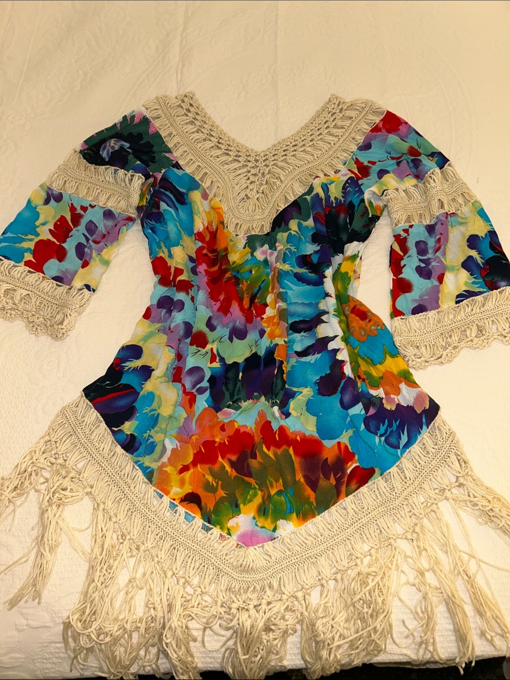 Boho Crochet-Trim Floral V-Neck Tunic Top - Multicolor
